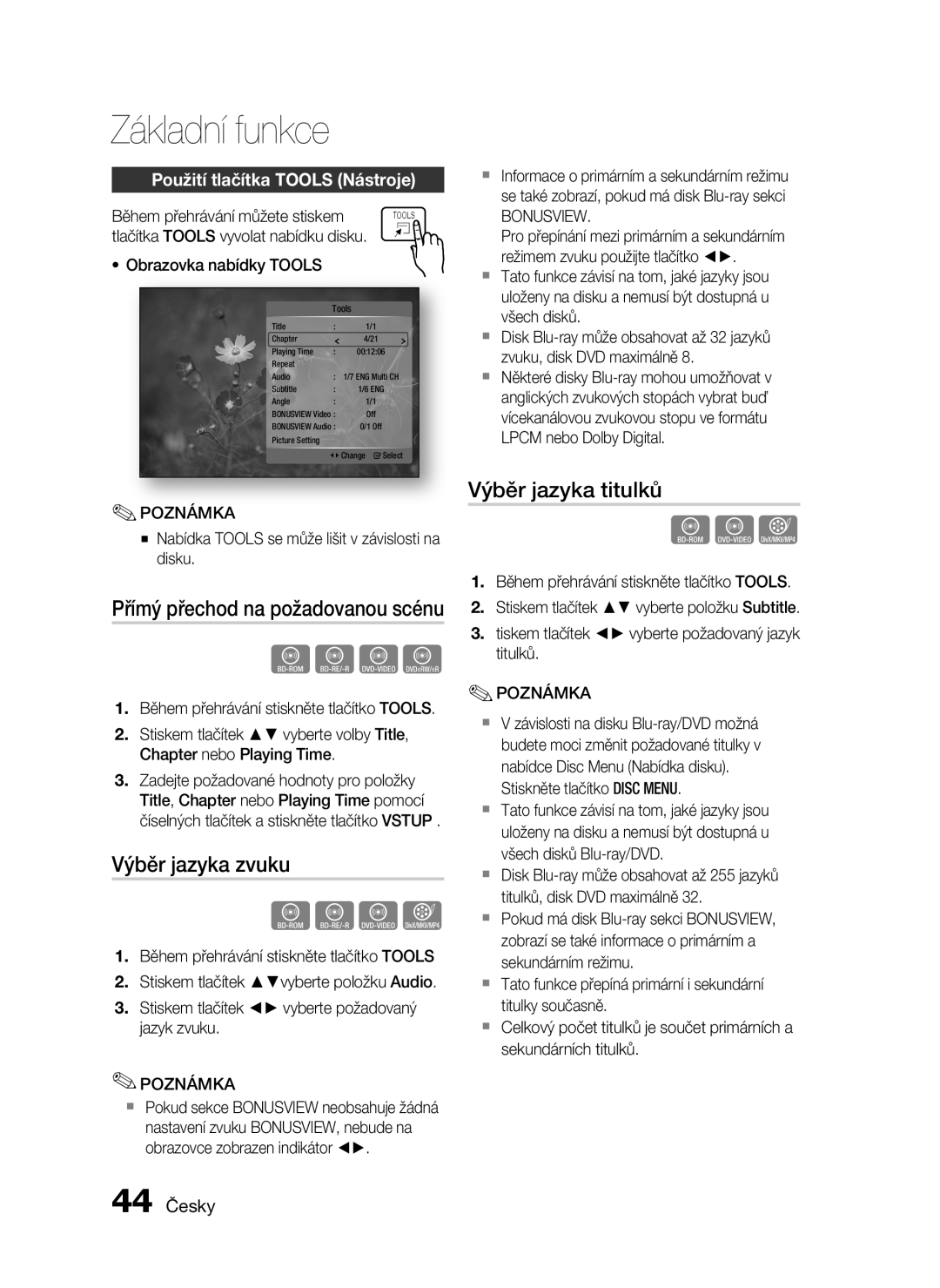 Samsung HT-C5200/EDC manual Výběr jazyka zvuku, Výběr jazyka titulků, Použití tlačítka Tools Nástroje, 44 Česky, Bonusview 