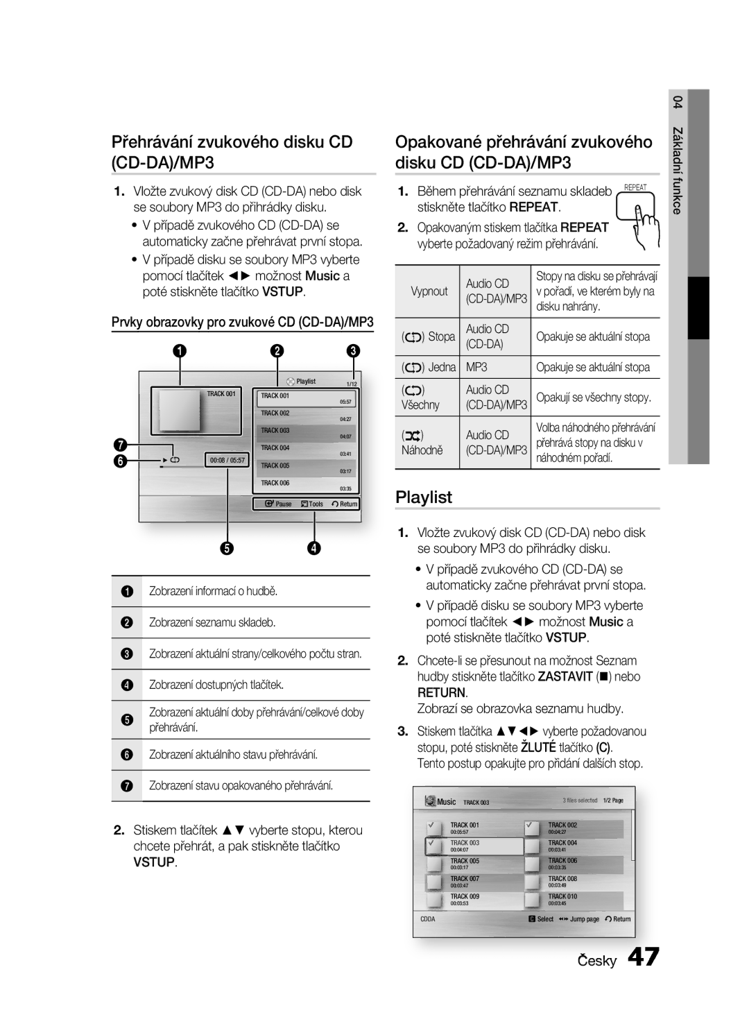 Samsung HT-C5200/XEF Přehrávání zvukového disku CD CD-DA/MP3, Opakované přehrávání zvukového disku CD CD-DA/MP3, Playlist 