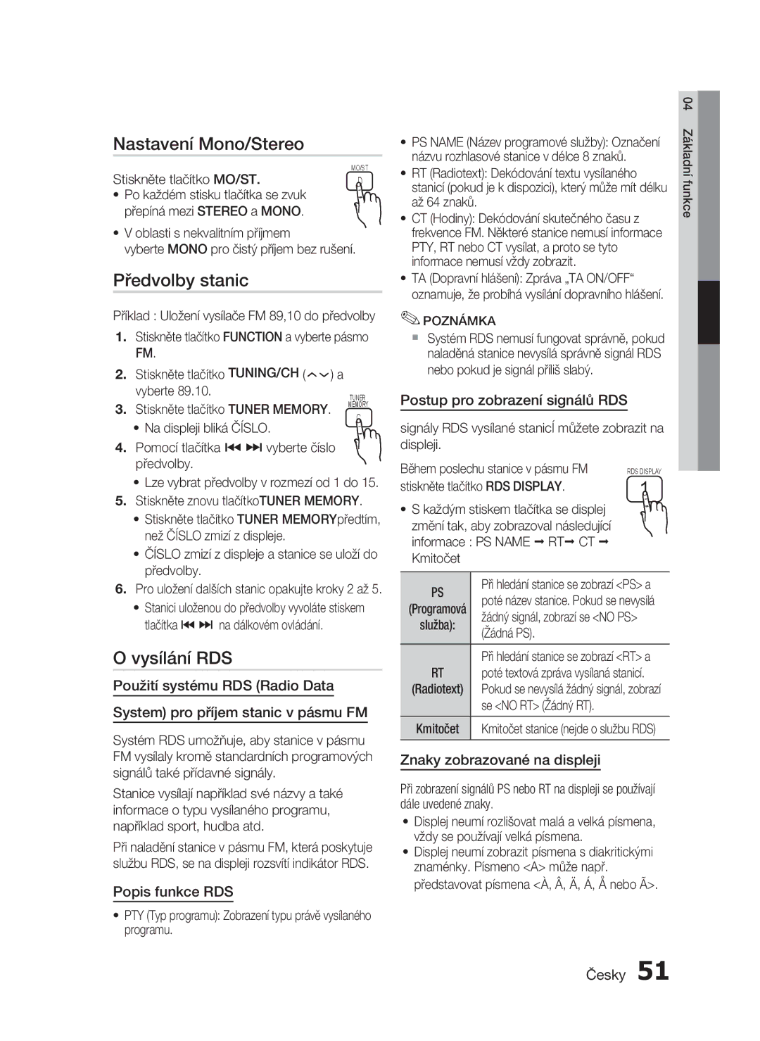 Samsung HT-C5200/XEF, HT-C5200/EDC manual Nastavení Mono/Stereo, Předvolby stanic, Vysílání RDS 