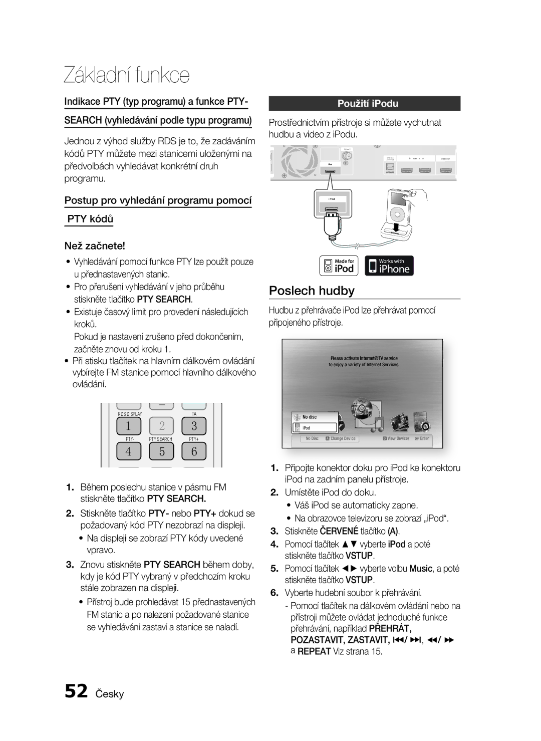 Samsung HT-C5200/EDC Poslech hudby, Postup pro vyhledání programu pomocí PTY kódů Než začnete, Použití iPodu, 52 Česky 