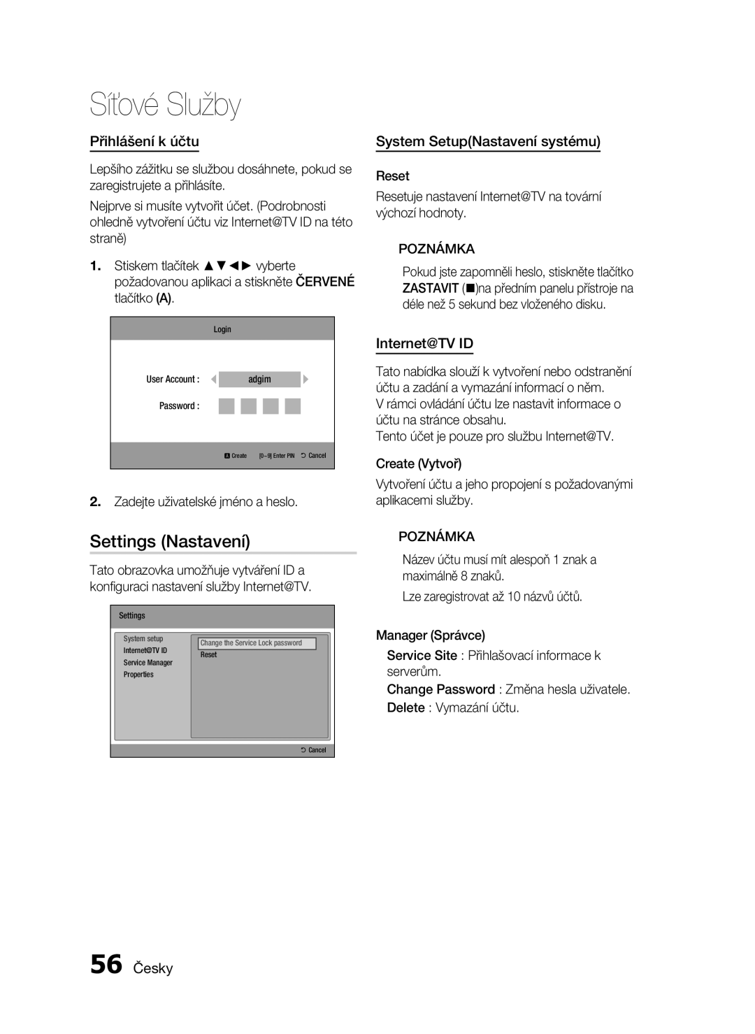 Samsung HT-C5200/EDC manual Settings Nastavení, Přihlášení k účtu, System SetupNastavení systému, Internet@TV ID, 56 Česky 