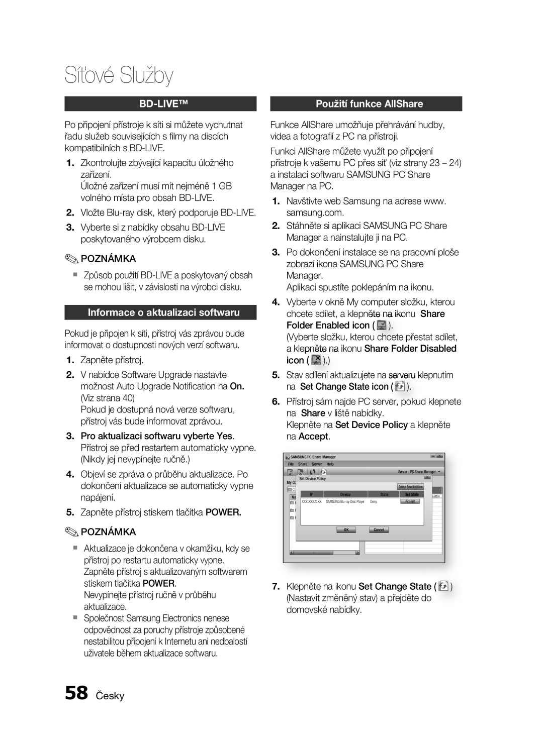 Samsung HT-C5200/EDC manual Informace o aktualizaci softwaru, 58 Česky, Vložte Blu-ray disk, který podporuje BD-LIVE 