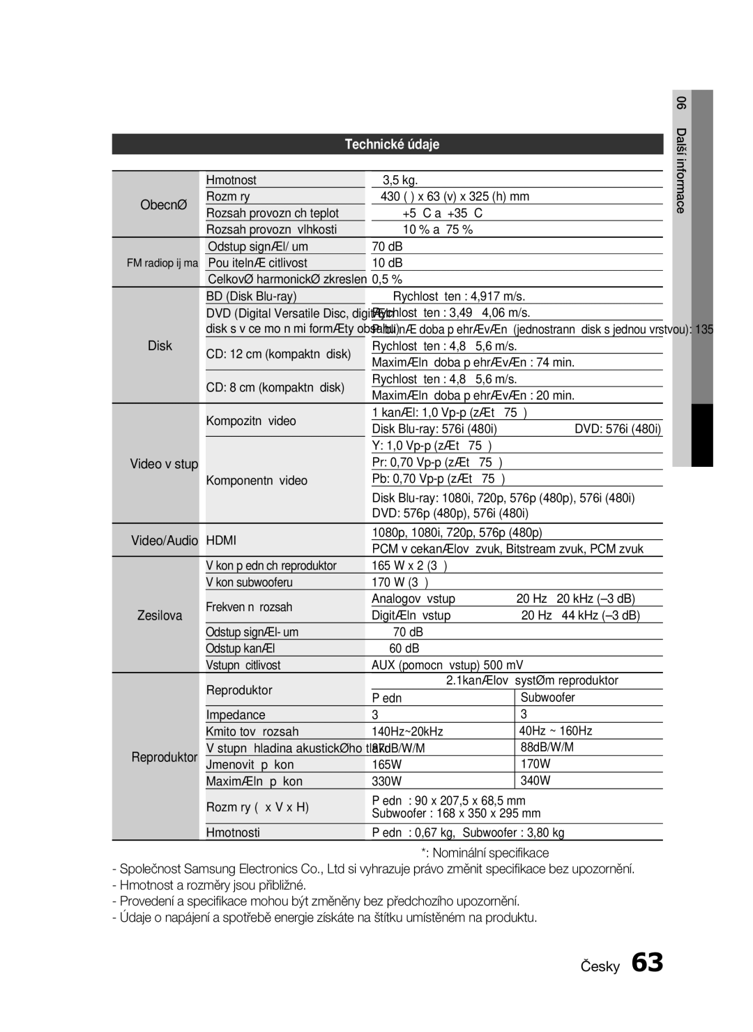 Samsung HT-C5200/XEF, HT-C5200/EDC manual Technické údaje 