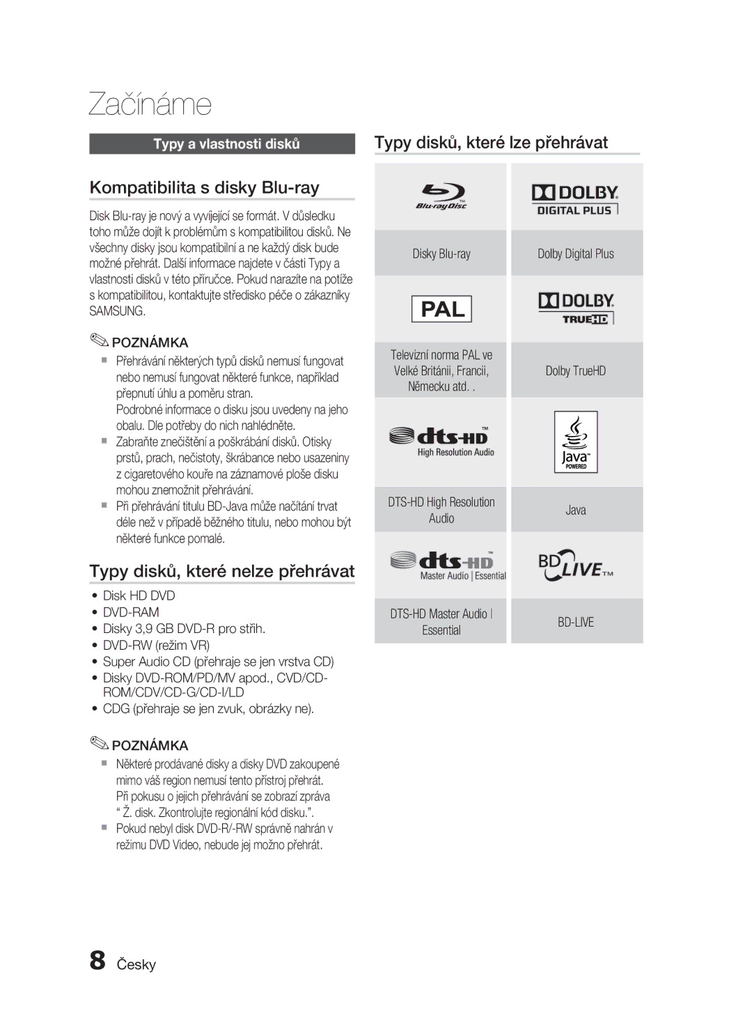 Samsung HT-C5200/EDC manual Kompatibilita s disky Blu-ray, Typy disků, které nelze přehrávat, Typy a vlastnosti disků 