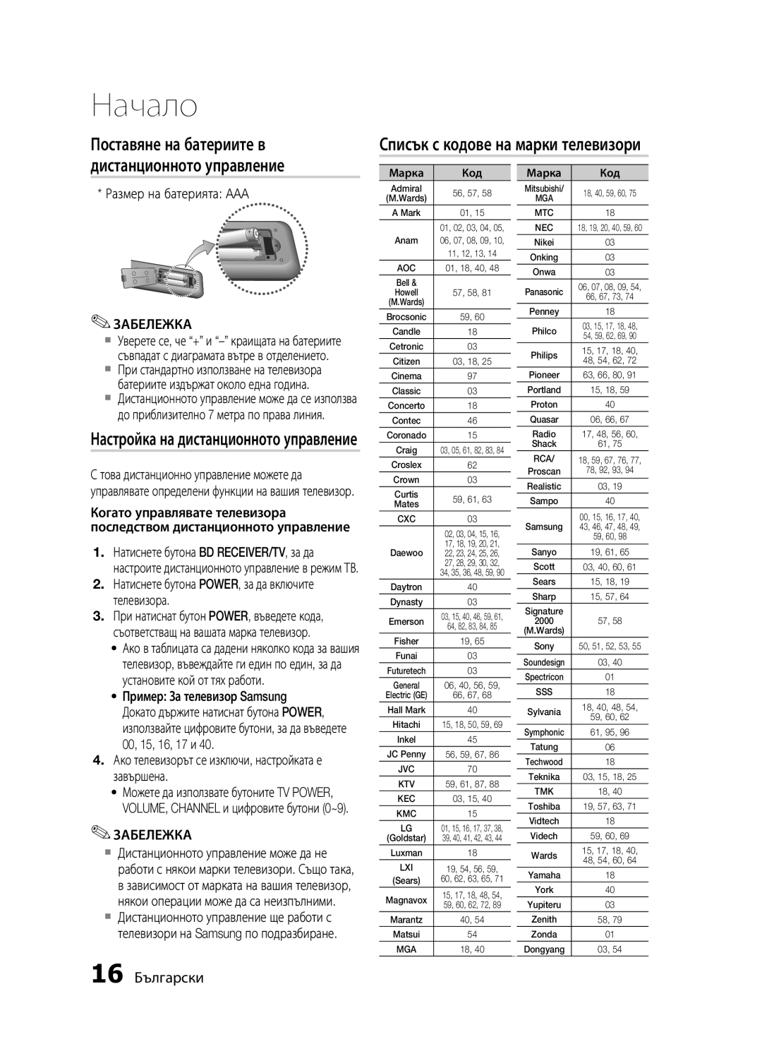 Samsung HT-C5200/EDC Списък с кодове на марки телевизори, Поставяне на батериите в дистанционното управление, 16 Български 