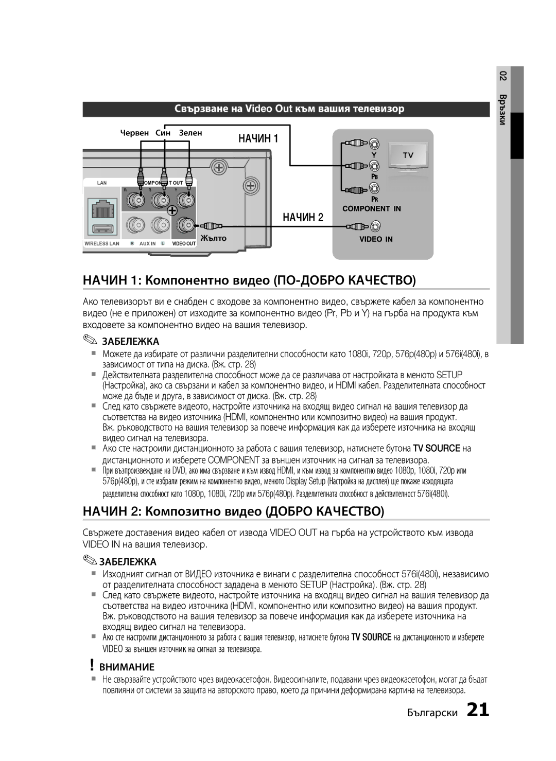 Samsung HT-C5200/EDC manual Начин 1 Компонентно видео ПО-ДОБРО Качество, Начин 2 Композитно видео Добро Качество 