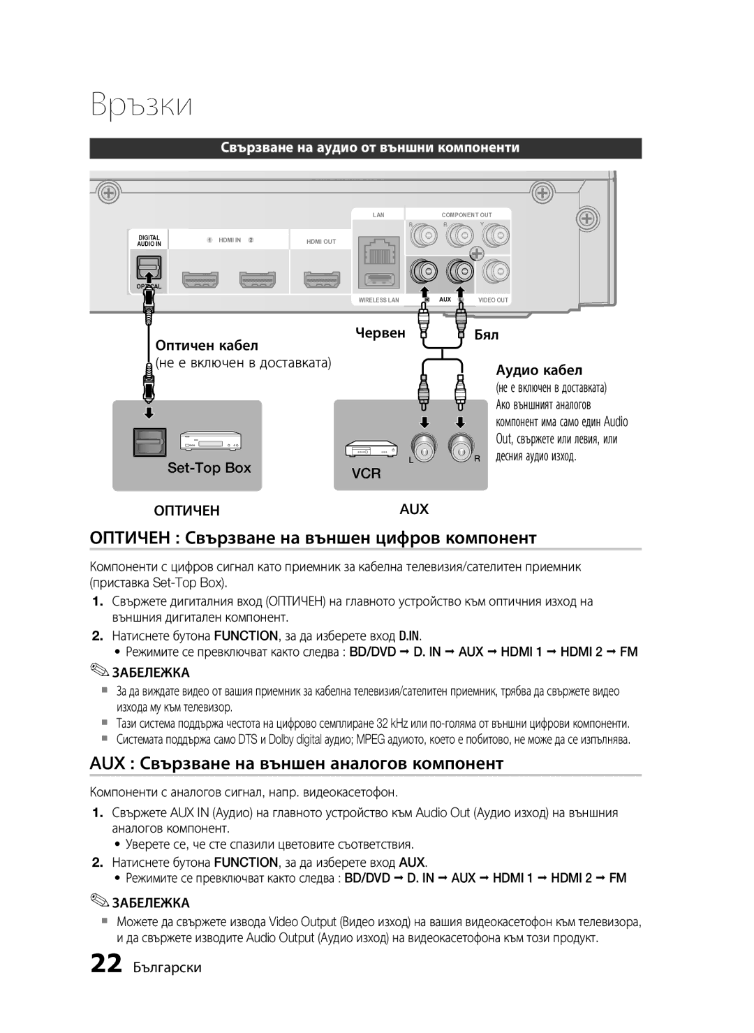 Samsung HT-C5200/EDC manual Оптичен Свързване на външен цифров компонент, AUX Свързване на външен аналогов компонент 