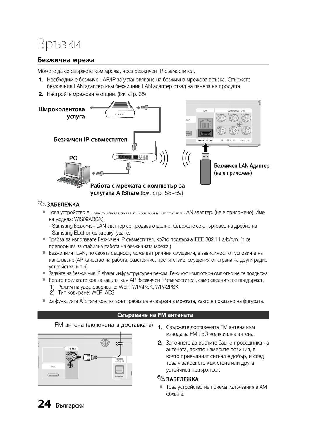 Samsung HT-C5200/EDC manual Широколентова Услуга Безжичен IP съвместител, Свързване на FM антената, 24 Български 