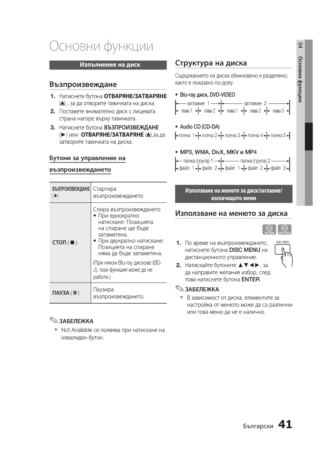 Samsung HT-C5200/EDC manual Основни функции, Възпроизвеждане, Структура на диска, Използване на менюто за диска 