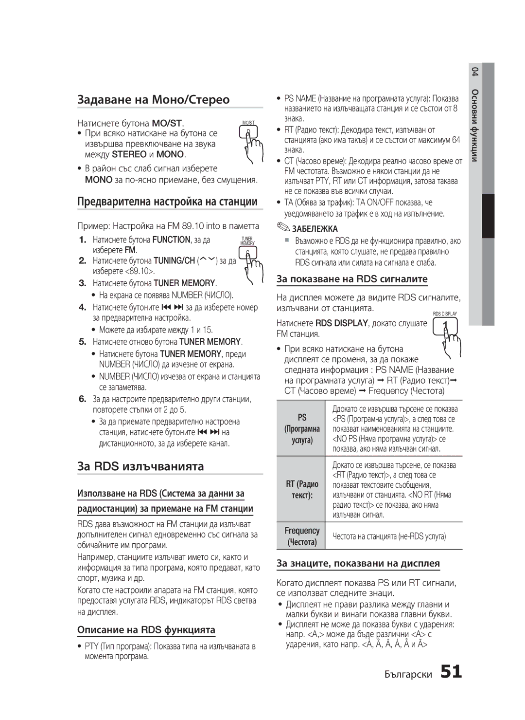 Samsung HT-C5200/EDC manual Задаване на Моно/Стерео, За RDS излъчванията, Описание на RDS функцията 