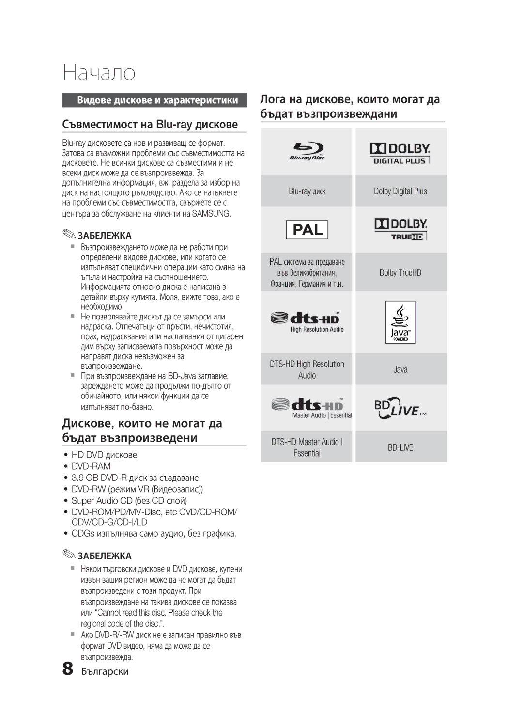 Samsung HT-C5200/EDC manual Съвместимост на Blu-ray дискове, Дискове, които не могат да бъдат възпроизведени, Dvd-Ram 