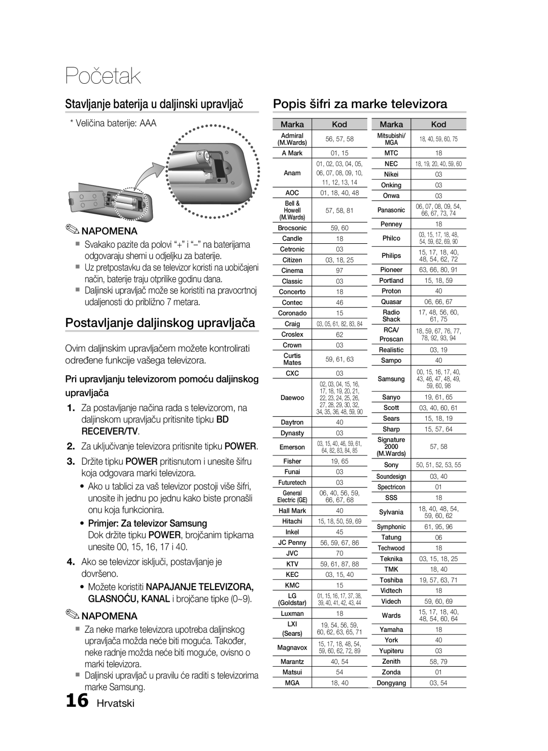 Samsung HT-C5200/EDC manual Popis šifri za marke televizora, Postavljanje daljinskog upravljača, Veličina baterije AAA 