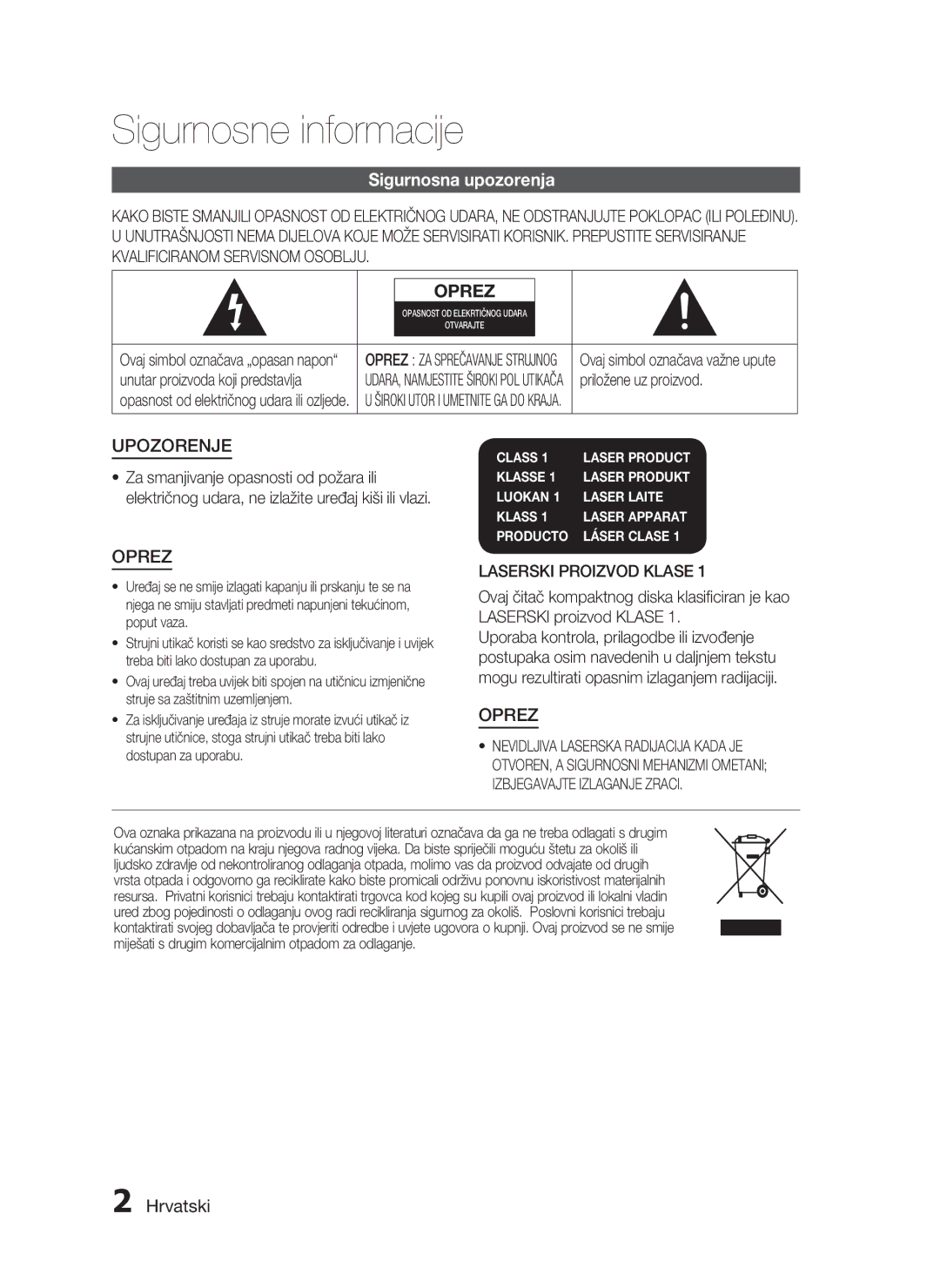 Samsung HT-C5200/EDC manual Sigurnosne informacije, Sigurnosna upozorenja, Hrvatski, Laserski Proizvod Klase 