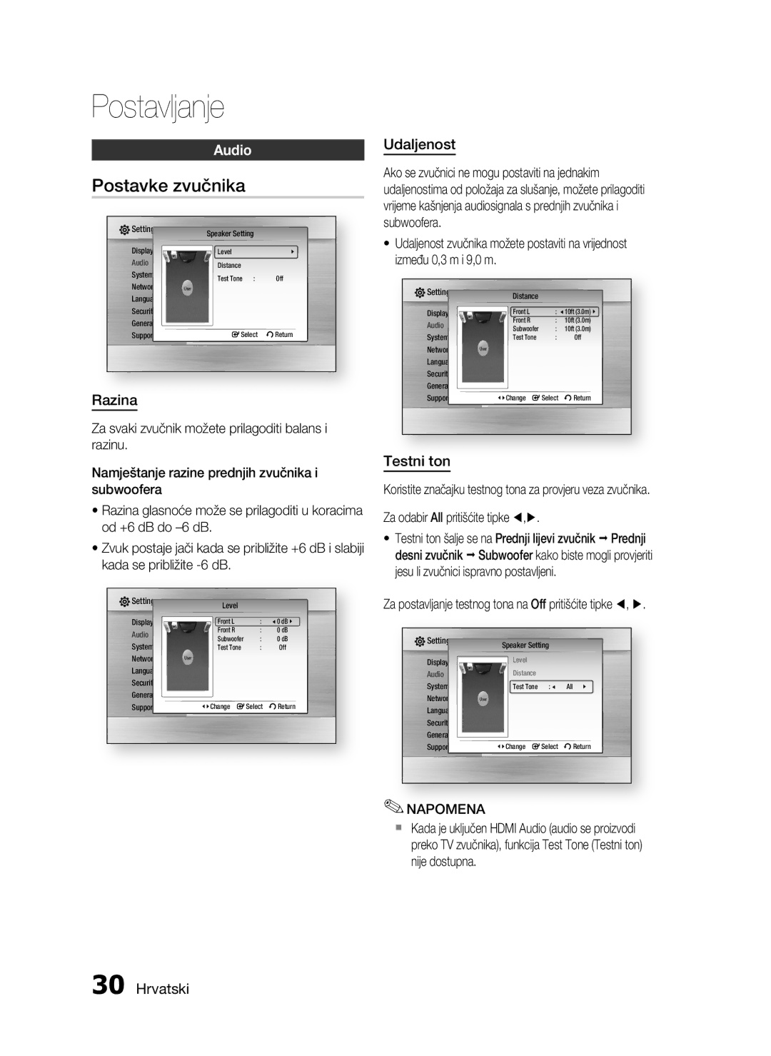 Samsung HT-C5200/EDC manual Postavke zvučnika, Audio, Razina, Udaljenost, Testni ton 