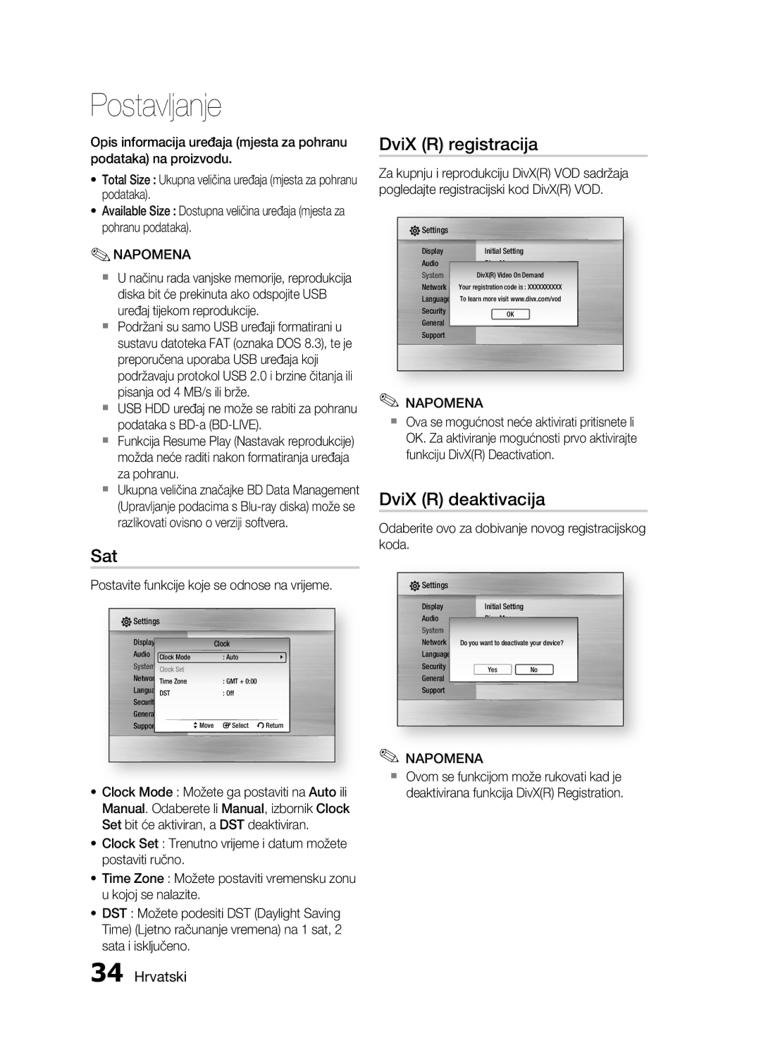 Samsung HT-C5200/EDC manual Sat, DviX R registracija, DviX R deaktivacija, Postavite funkcije koje se odnose na vrijeme 