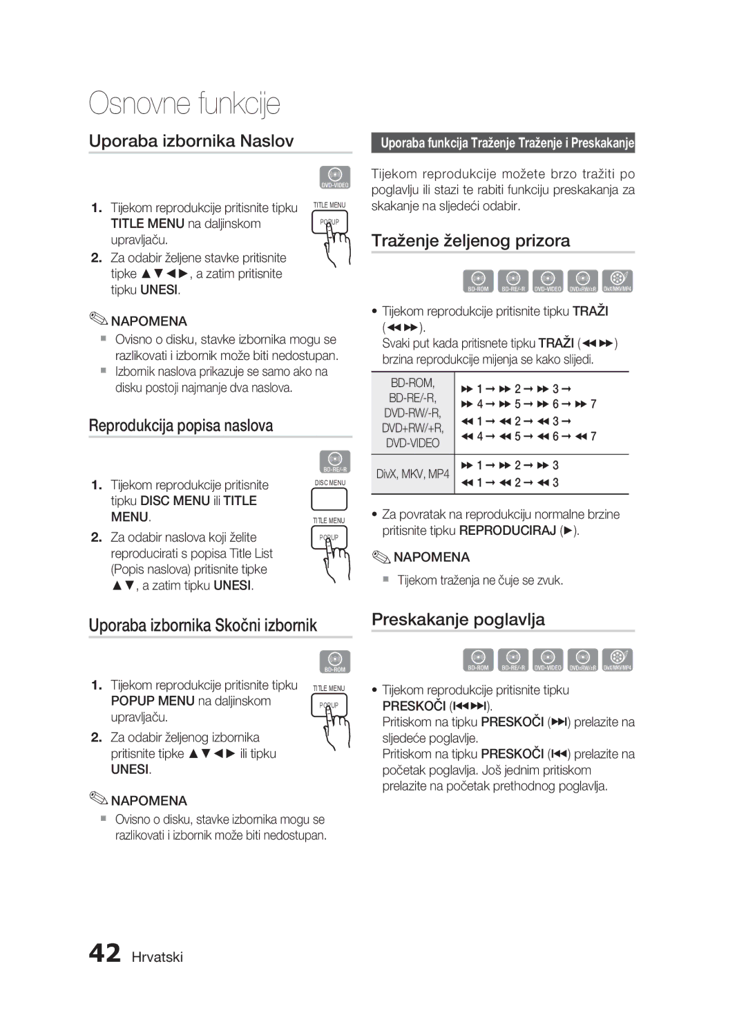 Samsung HT-C5200/EDC manual Uporaba izbornika Naslov, Reprodukcija popisa naslova, Traženje željenog prizora, Preskoči #$ 