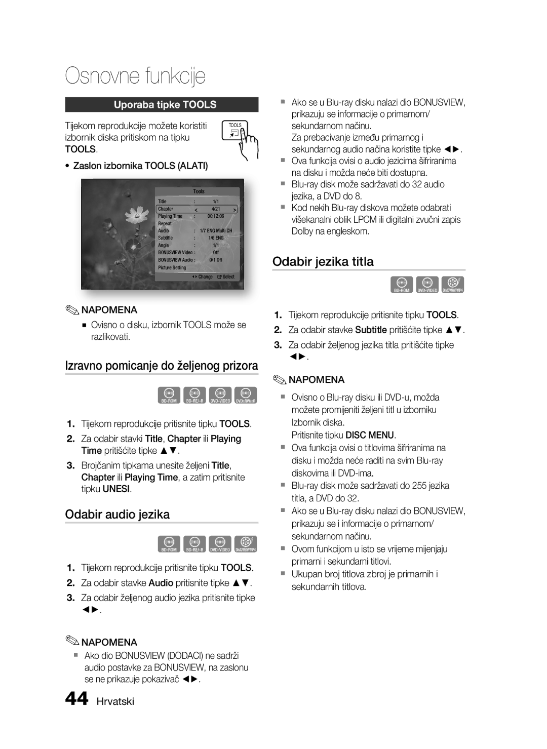 Samsung HT-C5200/EDC manual Odabir audio jezika, Odabir jezika titla, Uporaba tipke Tools 