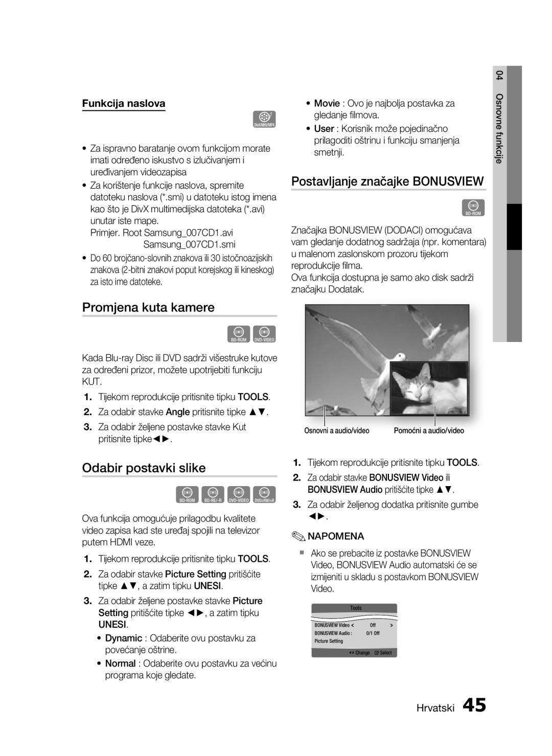 Samsung HT-C5200/EDC manual Postavljanje značajke Bonusview, Promjena kuta kamere, Odabir postavki slike 