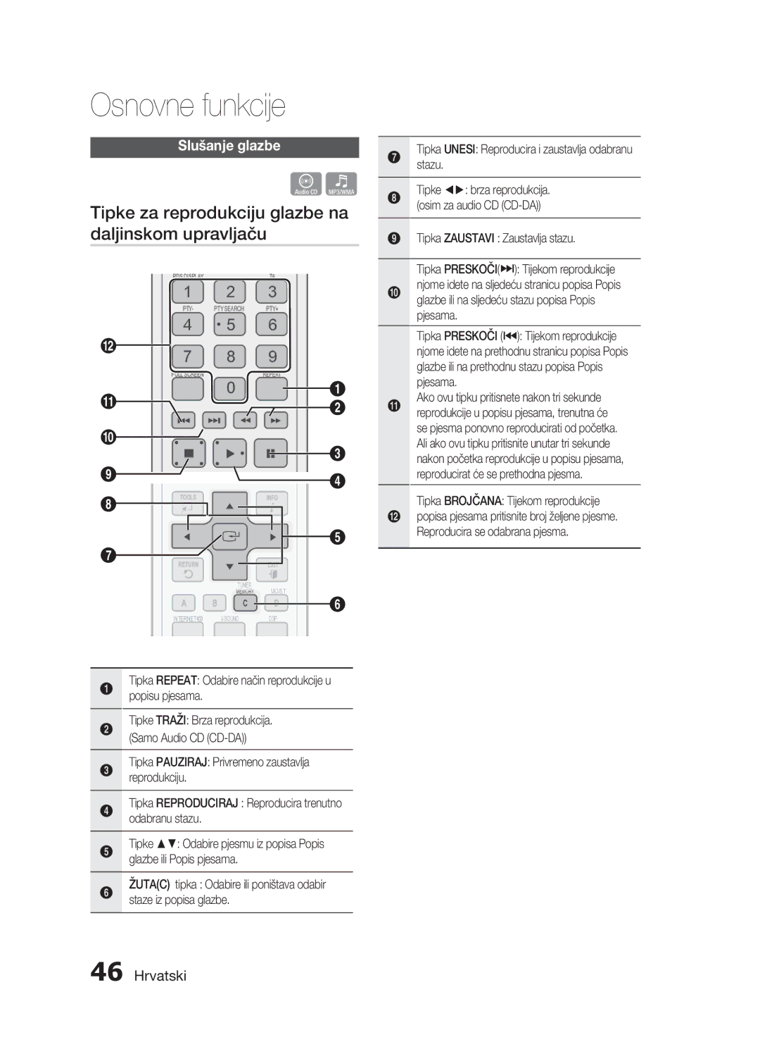 Samsung HT-C5200/EDC manual Tipke za reprodukciju glazbe na daljinskom upravljaču, Slušanje glazbe 