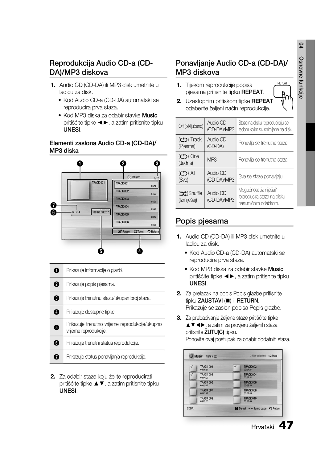 Samsung HT-C5200/EDC Reprodukcija Audio CD-a CD- DA/MP3 diskova, Ponavljanje Audio CD-a CD-DA/ MP3 diskova, Popis pjesama 