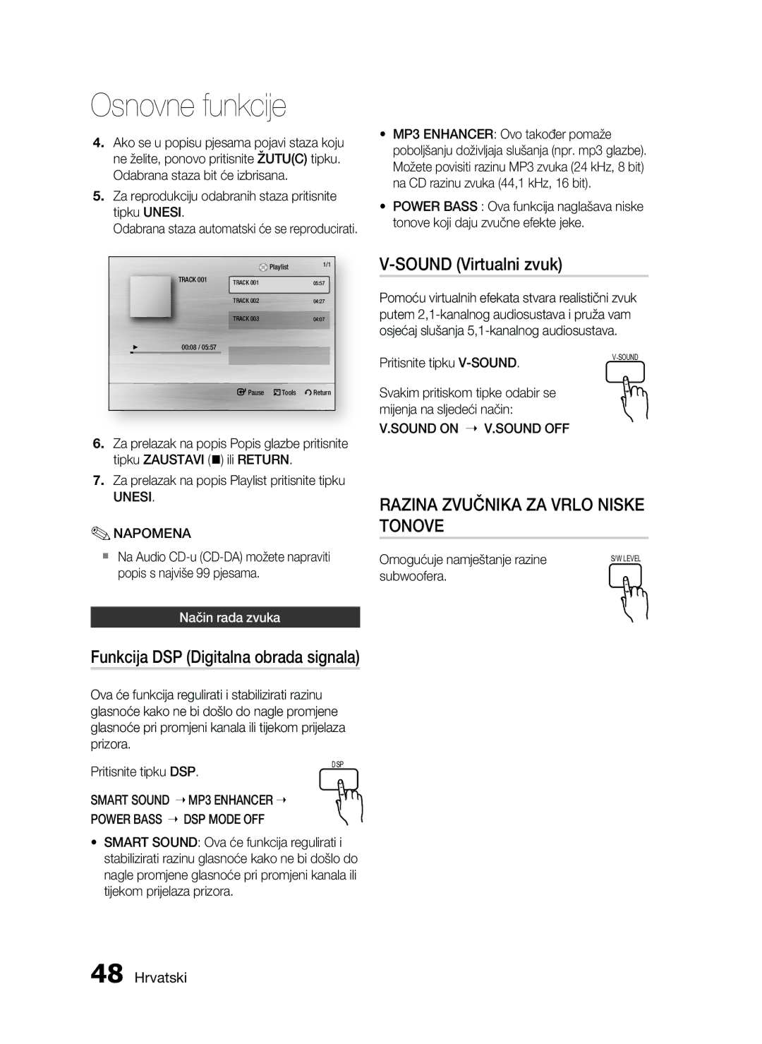 Samsung HT-C5200/EDC manual Sound Virtualni zvuk, Unesi Napomena, Sound on V.SOUND OFF, Smart Sound, Power Bass 