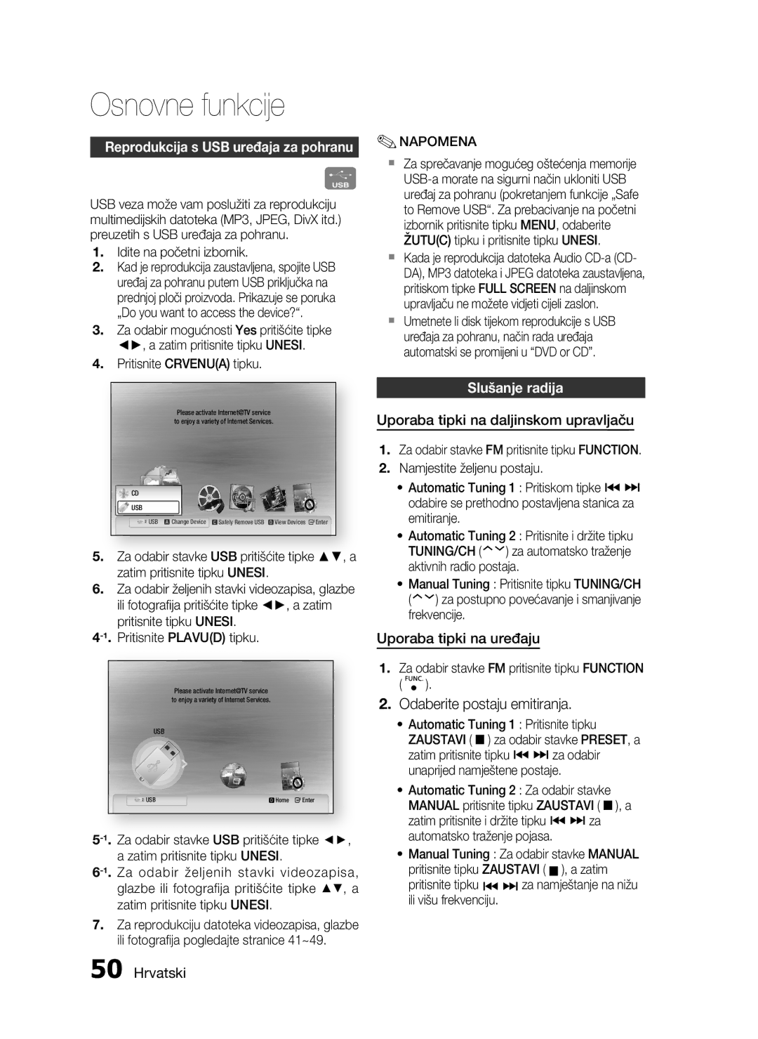 Samsung HT-C5200/EDC manual Reprodukcija s USB uređaja za pohranu, Slušanje radija, Uporaba tipki na daljinskom upravljaču 