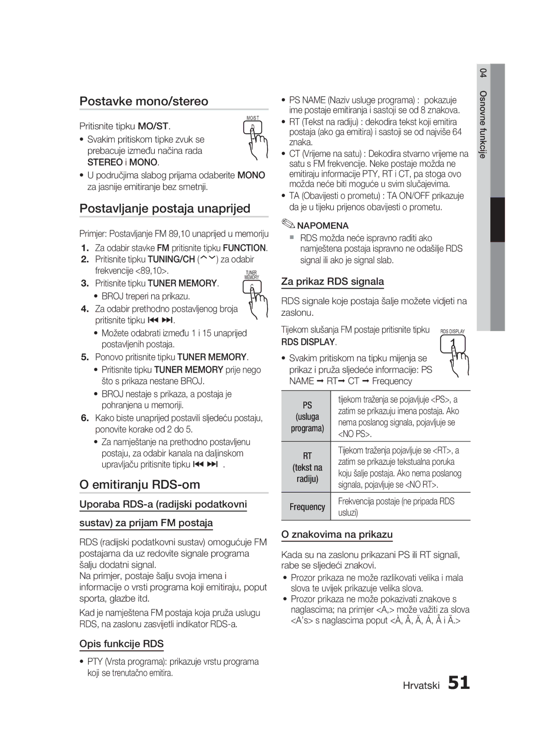 Samsung HT-C5200/EDC manual Postavke mono/stereo, Postavljanje postaja unaprijed, Emitiranju RDS-om 