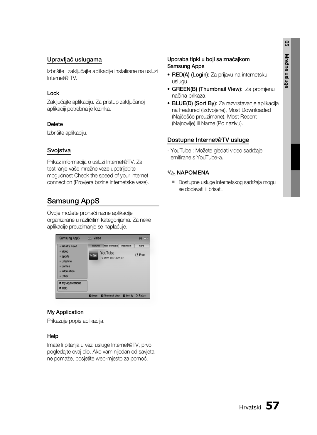 Samsung HT-C5200/EDC manual Samsung AppS, Upravljač uslugama, Svojstva, Dostupne Internet@TV usluge 