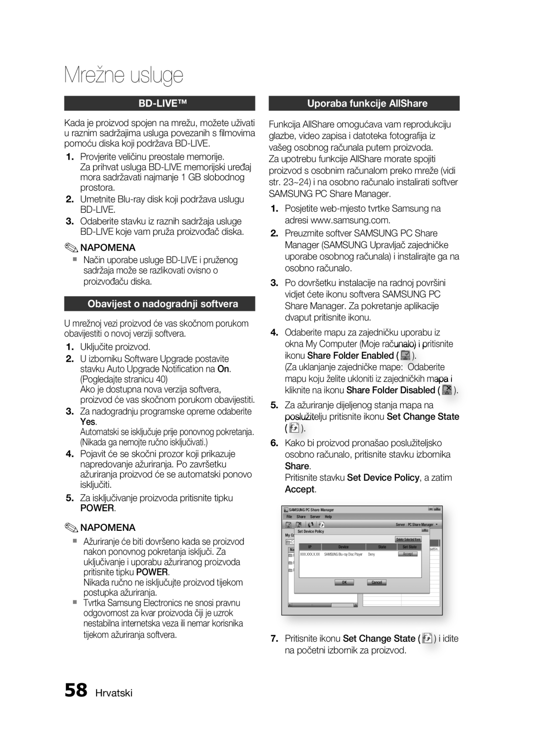 Samsung HT-C5200/EDC manual Uporaba funkcije AllShare, Obavijest o nadogradnji softvera, Bd-Live, Power 