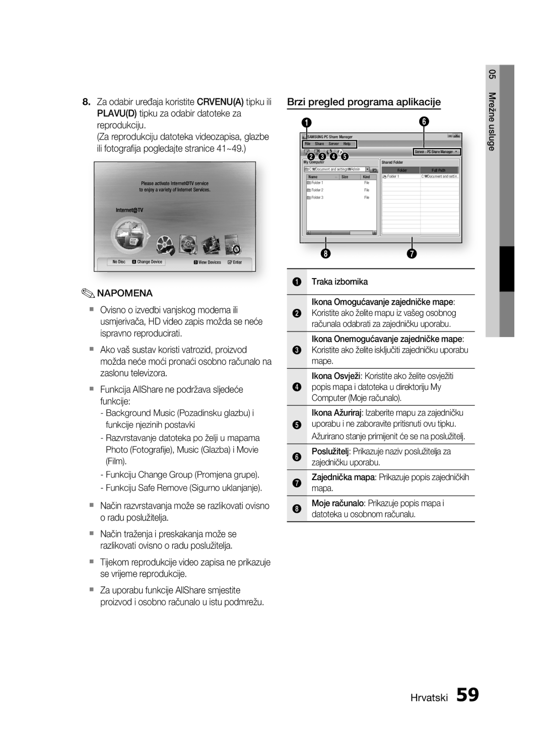 Samsung HT-C5200/EDC manual Brzi pregled programa aplikacije, Traka izbornika Ikona Omogućavanje zajedničke mape 