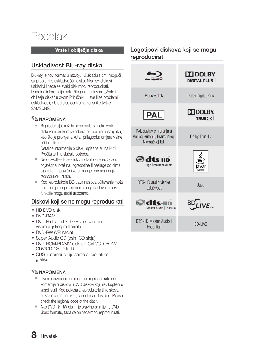 Samsung HT-C5200/EDC manual Uskladivost Blu-ray diska, Diskovi koji se ne mogu reproducirati, Vrste i obilježja diska 