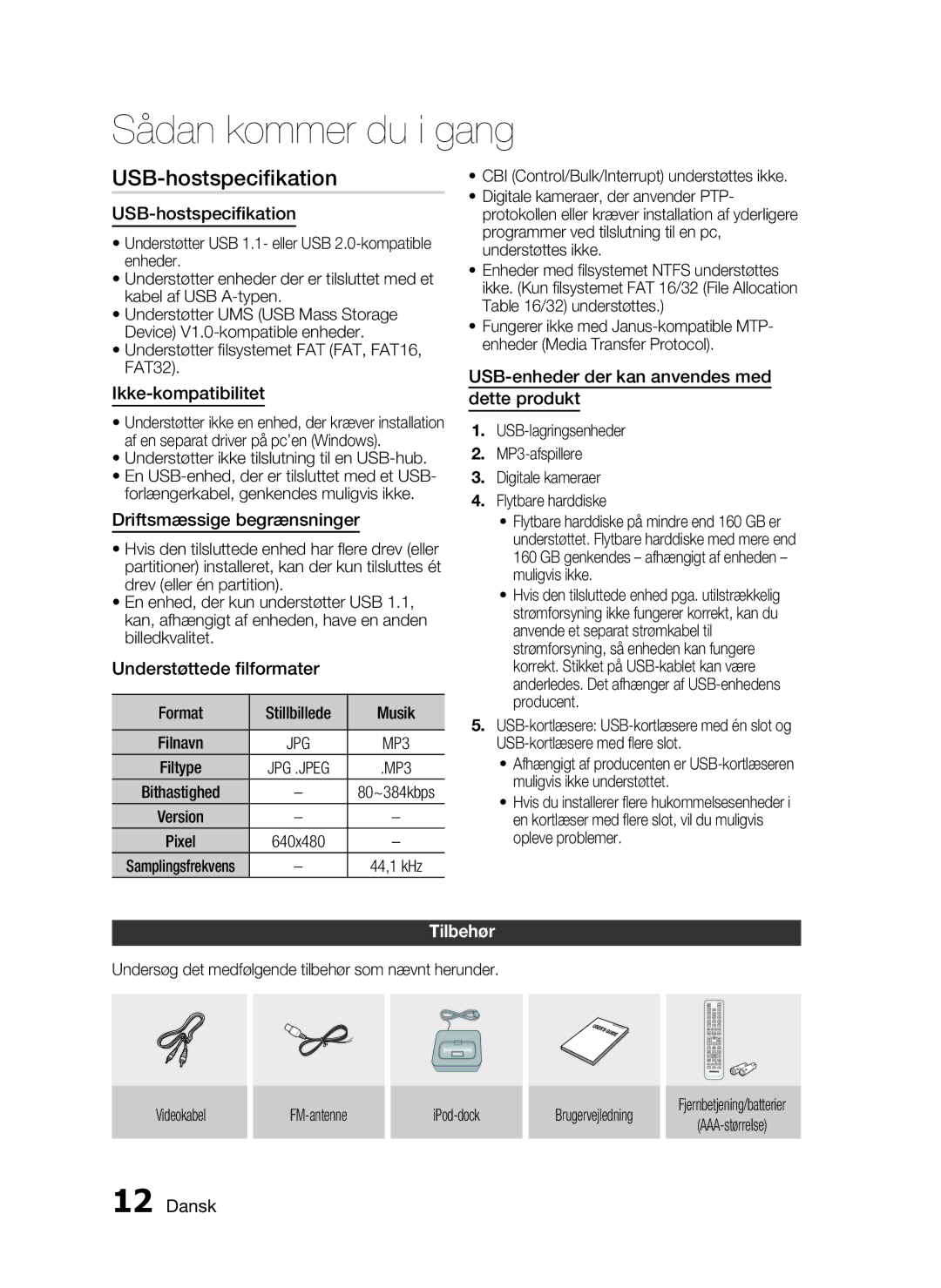 Samsung HT-C5200/XEE manual USB-hostspeciﬁkation, Tilbehør 