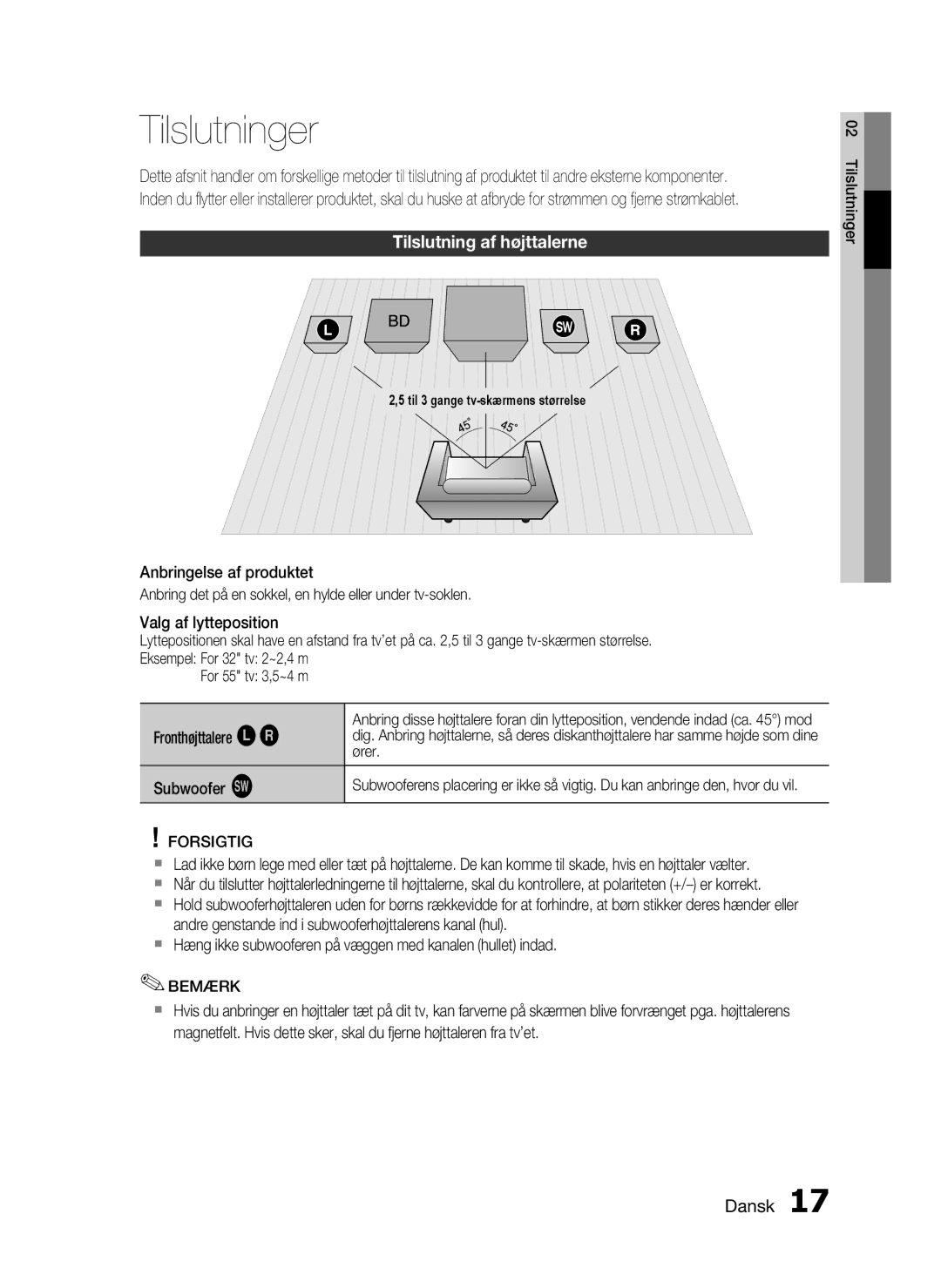 Samsung HT-C5200/XEE manual Tilslutninger, Tilslutning af højttalerne 