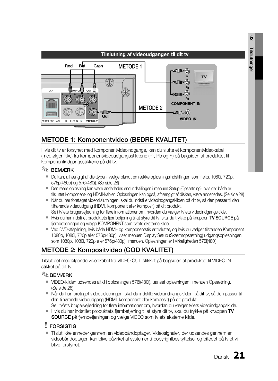 Samsung HT-C5200/XEE manual Metode 1 Komponentvideo Bedre Kvalitet, Metode 2 Kompositvideo GOD Kvalitet 