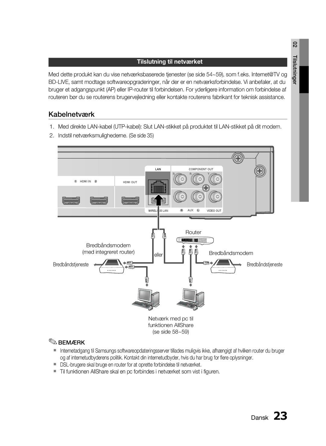 Samsung HT-C5200/XEE manual Tilslutning til netværket, Router Bredbåndsmodem Bredbåndstjeneste 