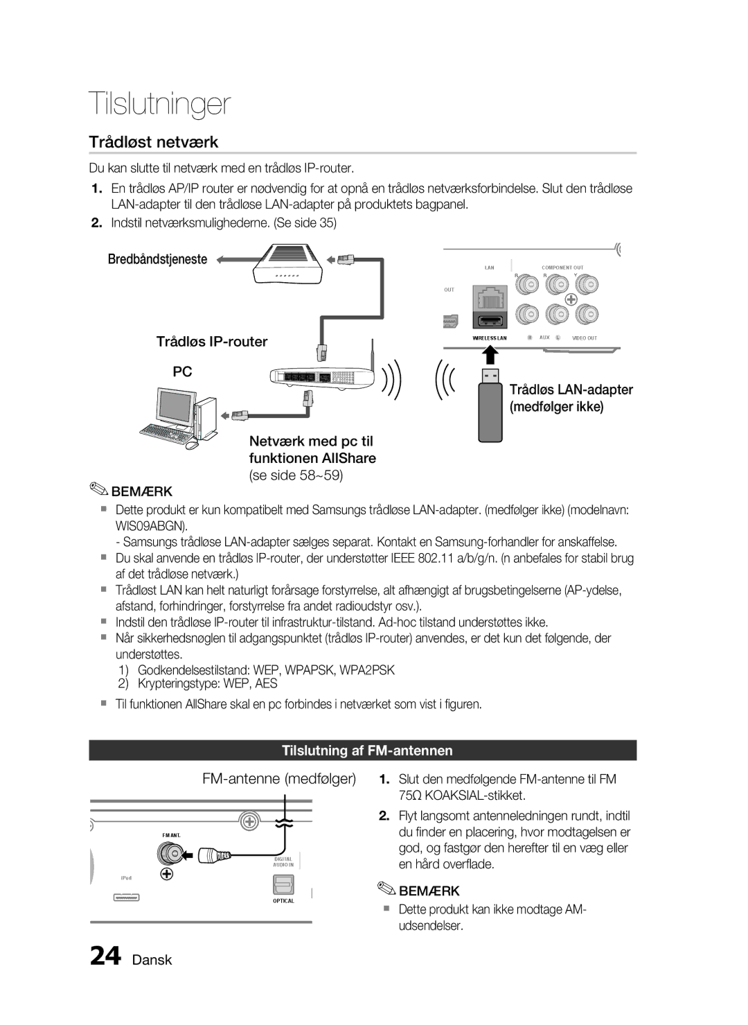 Samsung HT-C5200/XEE manual Tilslutning af FM-antennen, Slut den medfølgende FM-antenne til FM 