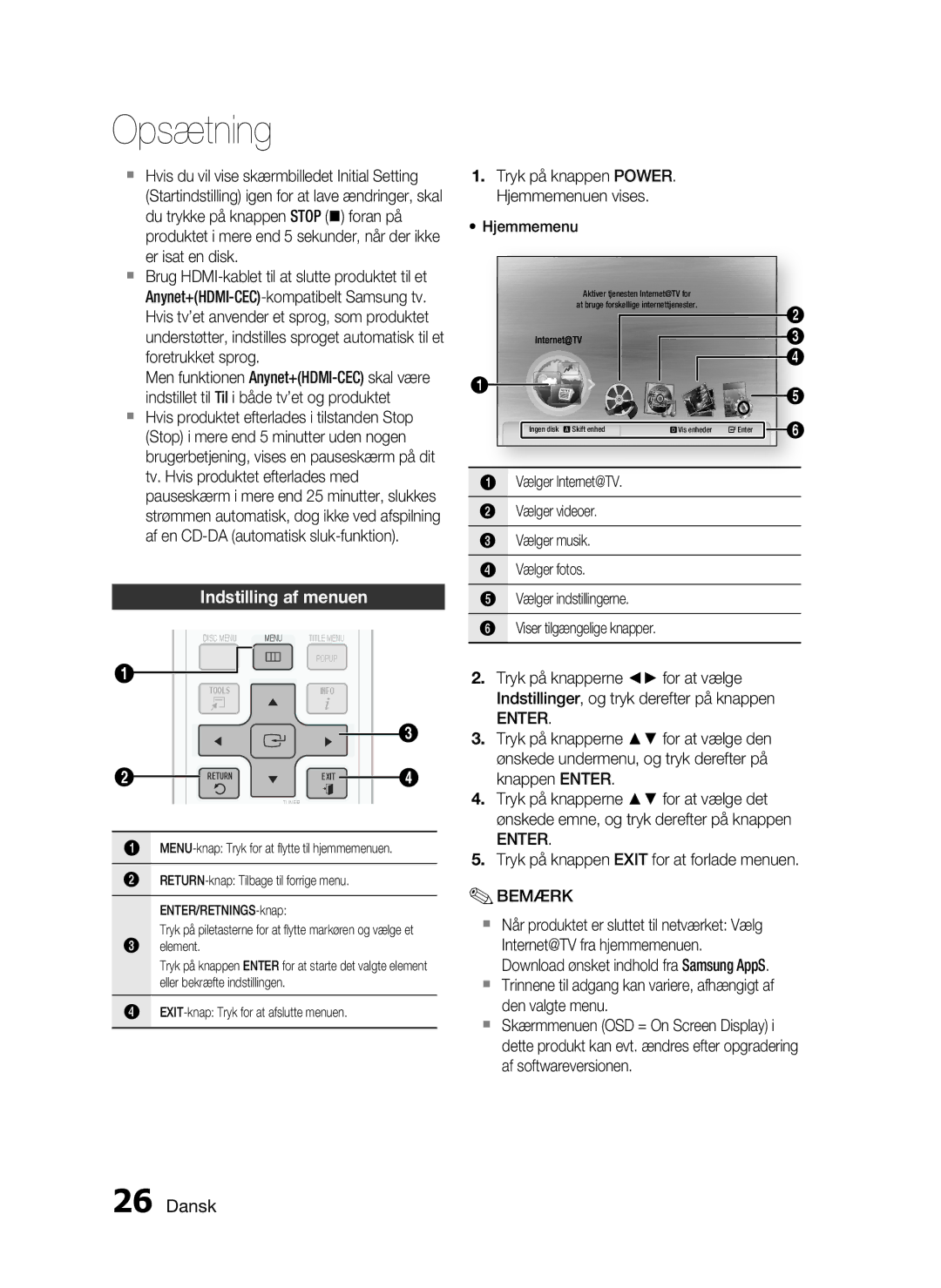 Samsung HT-C5200/XEE manual Indstilling af menuen, Enter 