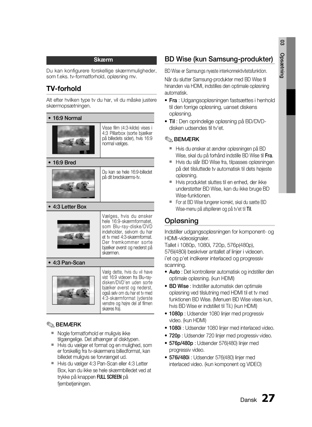 Samsung HT-C5200/XEE manual BD Wise kun Samsung-produkter, Opløsning, Skærm 