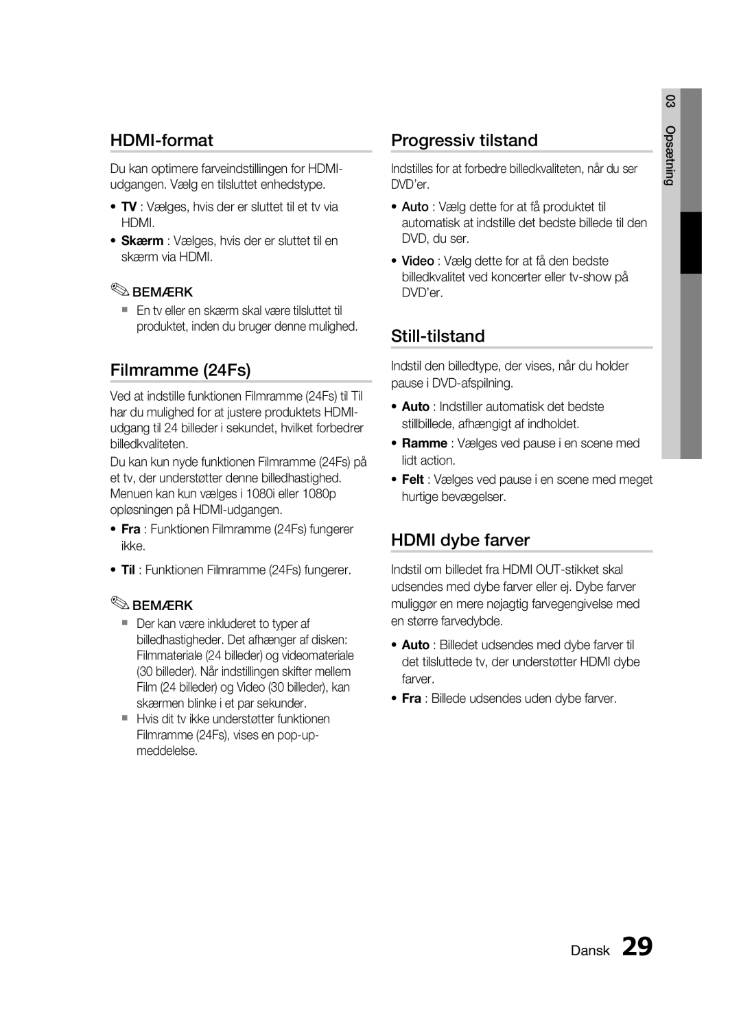 Samsung HT-C5200/XEE manual HDMI-format, Filmramme 24Fs, Progressiv tilstand, Still-tilstand, Hdmi dybe farver 