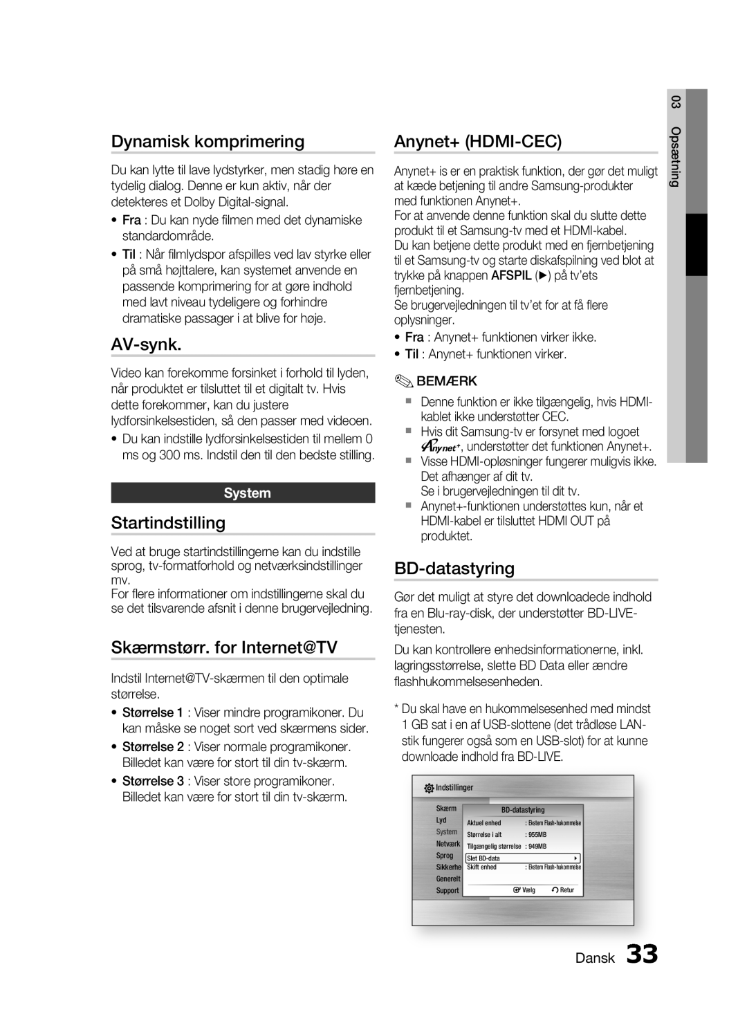 Samsung HT-C5200/XEE manual Dynamisk komprimering, AV-synk, Startindstilling, Skærmstørr. for Internet@TV, Anynet+ HDMI-CEC 