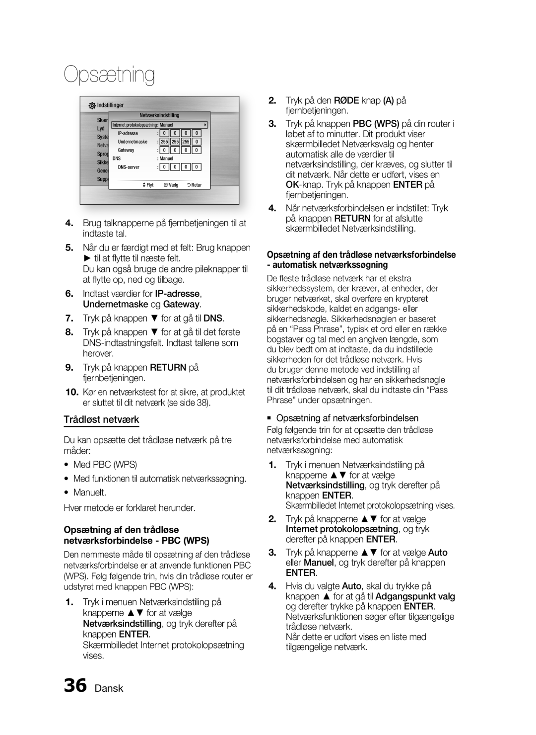 Samsung HT-C5200/XEE manual Trådløst netværk, Opsætning af den trådløse netværksforbindelse PBC WPS 