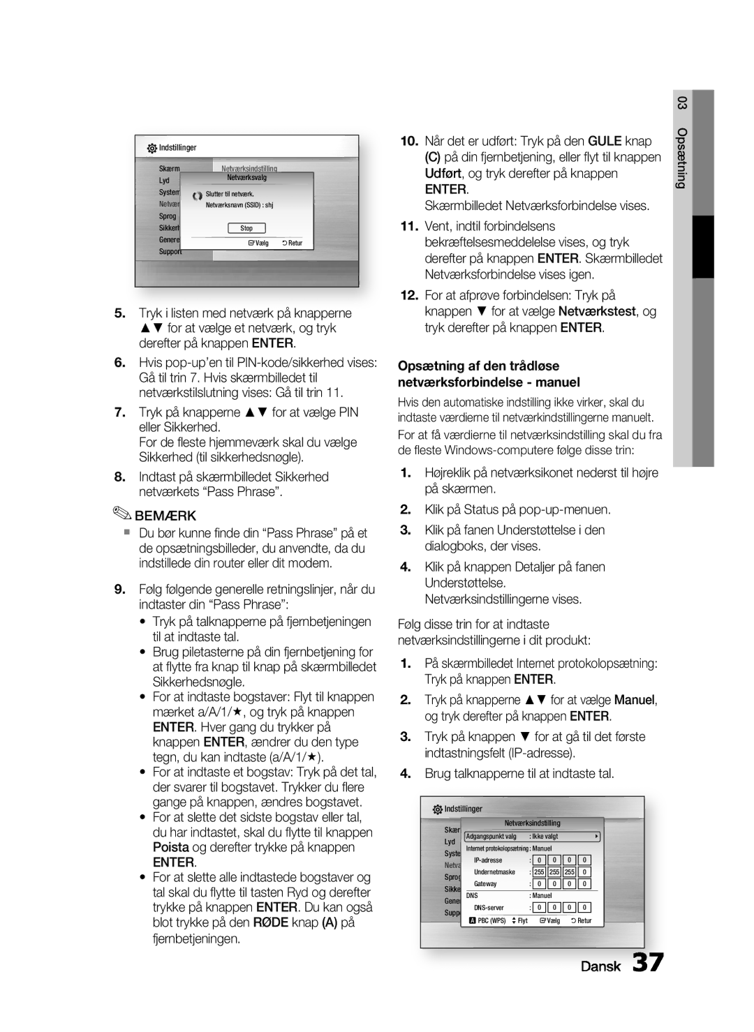 Samsung HT-C5200/XEE manual Skærmbilledet Netværksforbindelse vises, Opsætning af den trådløse netværksforbindelse manuel 