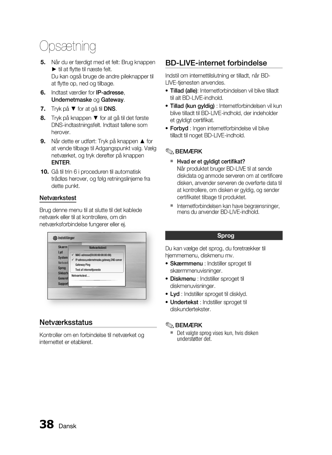 Samsung HT-C5200/XEE manual Netværksstatus, BD-LIVE-internet forbindelse, Netværkstest, Sprog 