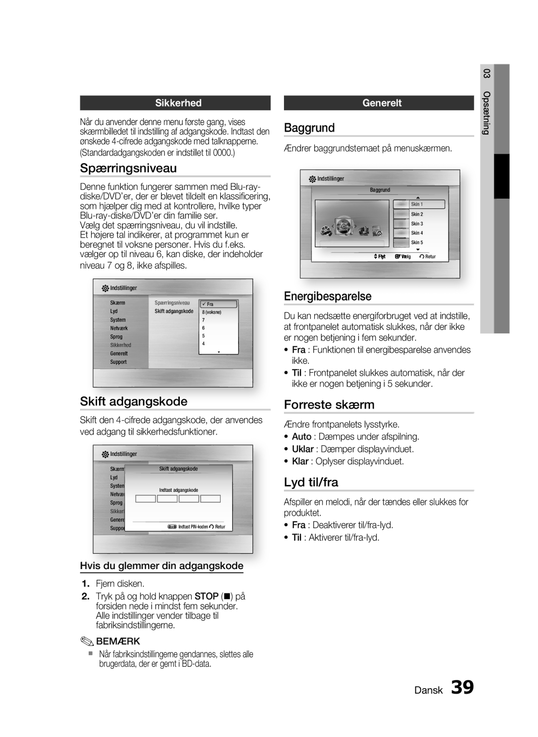 Samsung HT-C5200/XEE manual Spærringsniveau, Skift adgangskode, Baggrund, Energibesparelse, Forreste skærm, Lyd til/fra 