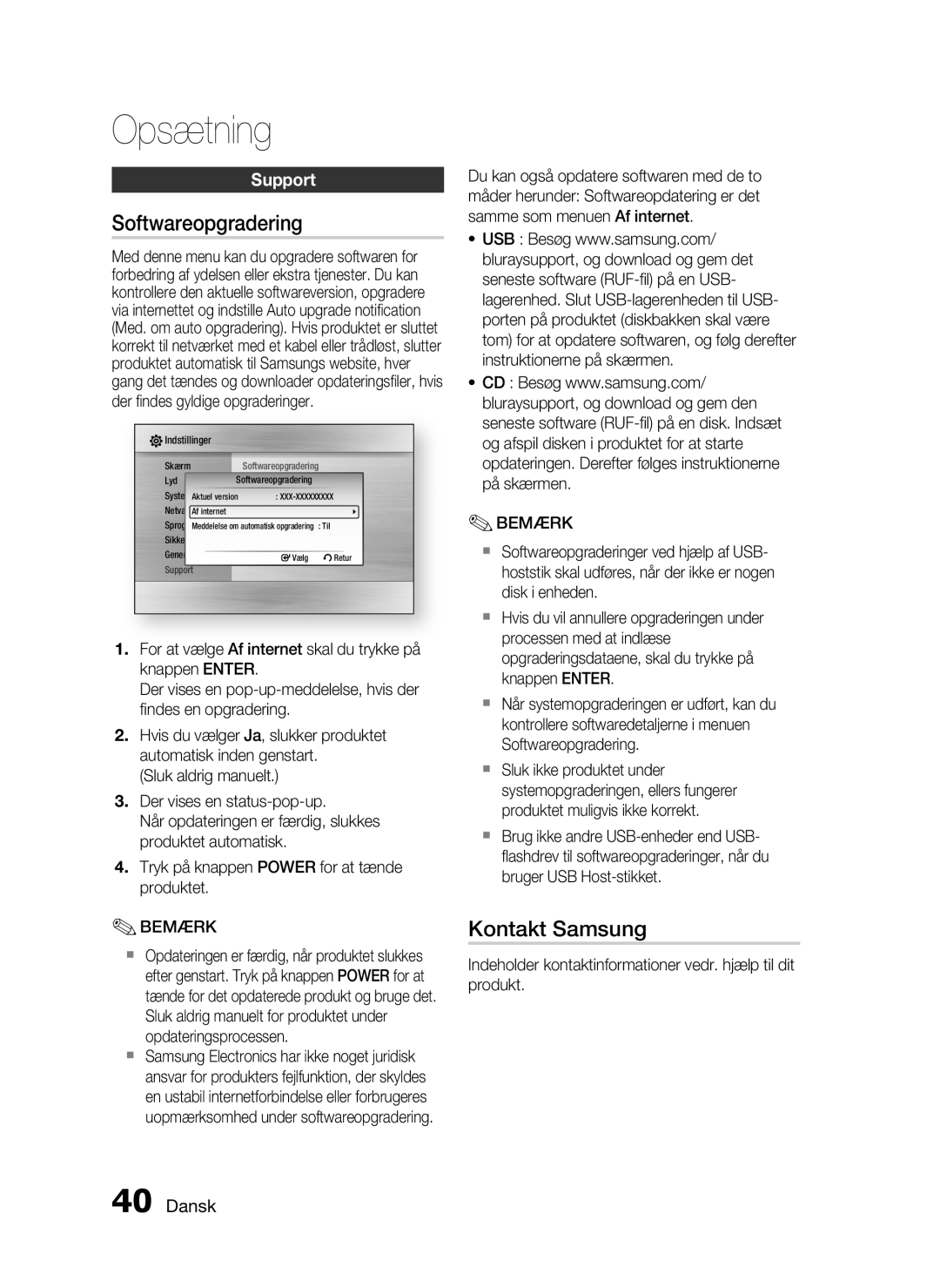 Samsung HT-C5200/XEE manual Softwareopgradering, Kontakt Samsung, Support 