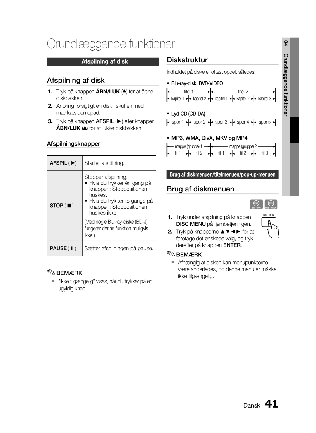 Samsung HT-C5200/XEE manual Grundlæggende funktioner, Afspilning af disk, Diskstruktur, Brug af diskmenuen 