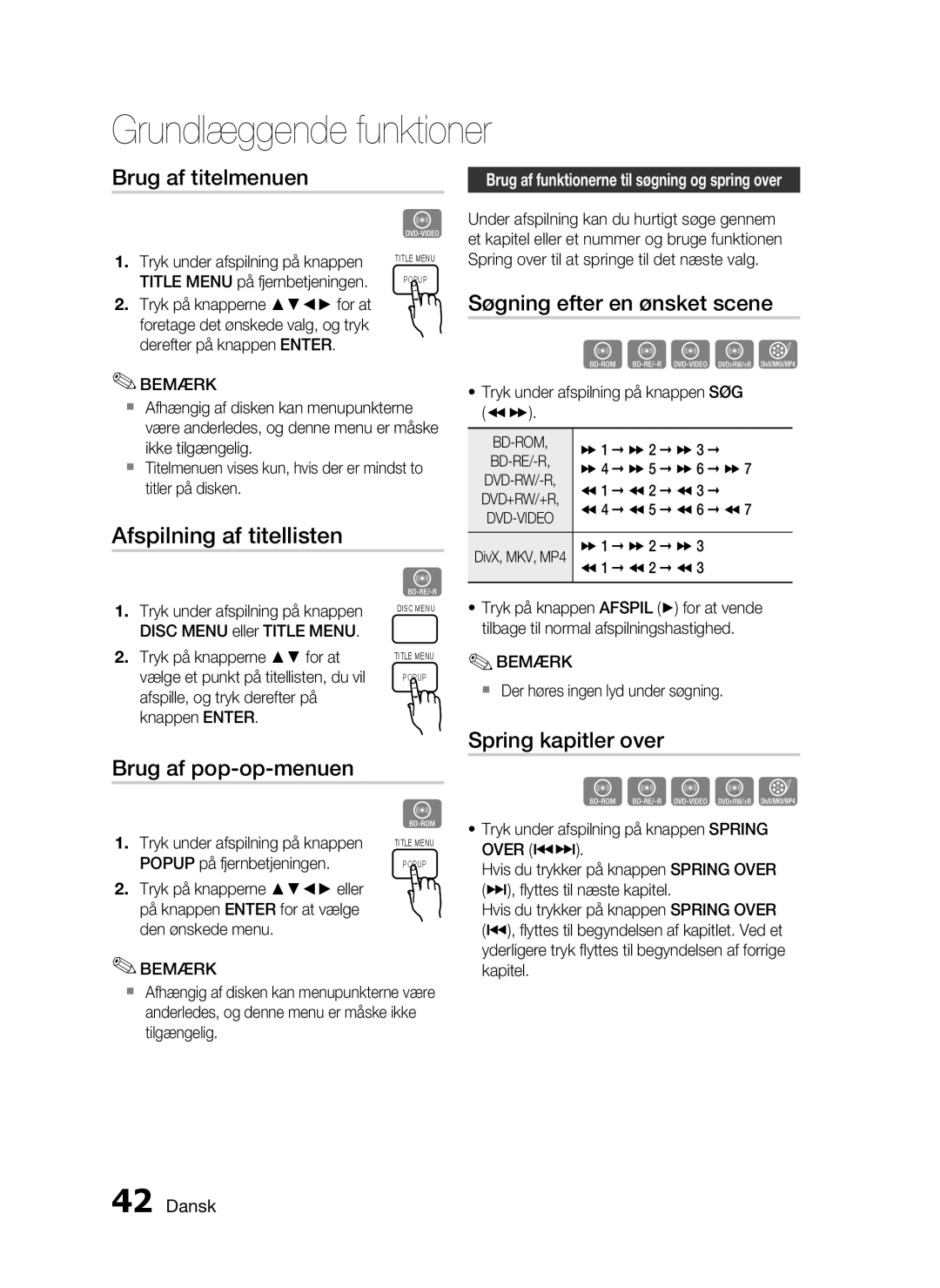 Samsung HT-C5200/XEE manual Brug af titelmenuen, Søgning efter en ønsket scene, Afspilning af titellisten 