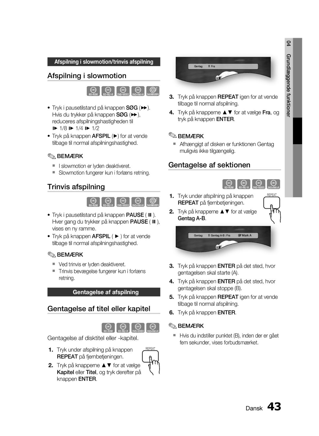 Samsung HT-C5200/XEE manual Afspilning i slowmotion, Trinvis afspilning, Gentagelse af titel eller kapitel 