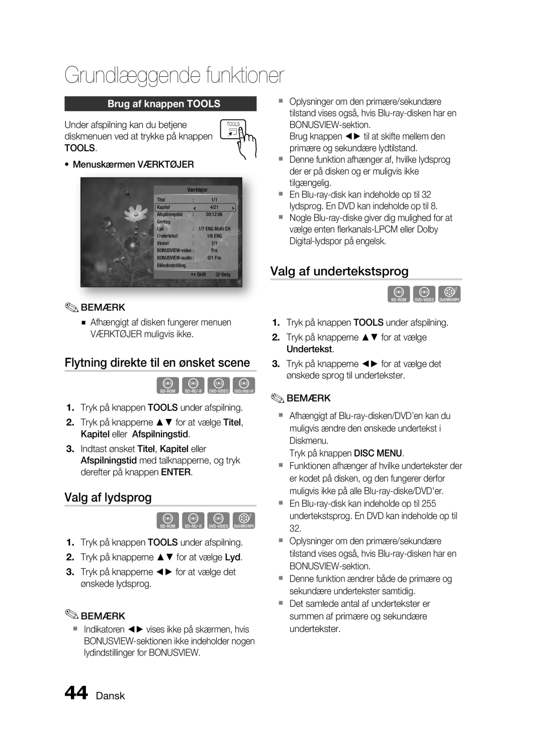 Samsung HT-C5200/XEE manual Flytning direkte til en ønsket scene, Valg af lydsprog, Valg af undertekstsprog, Tools 