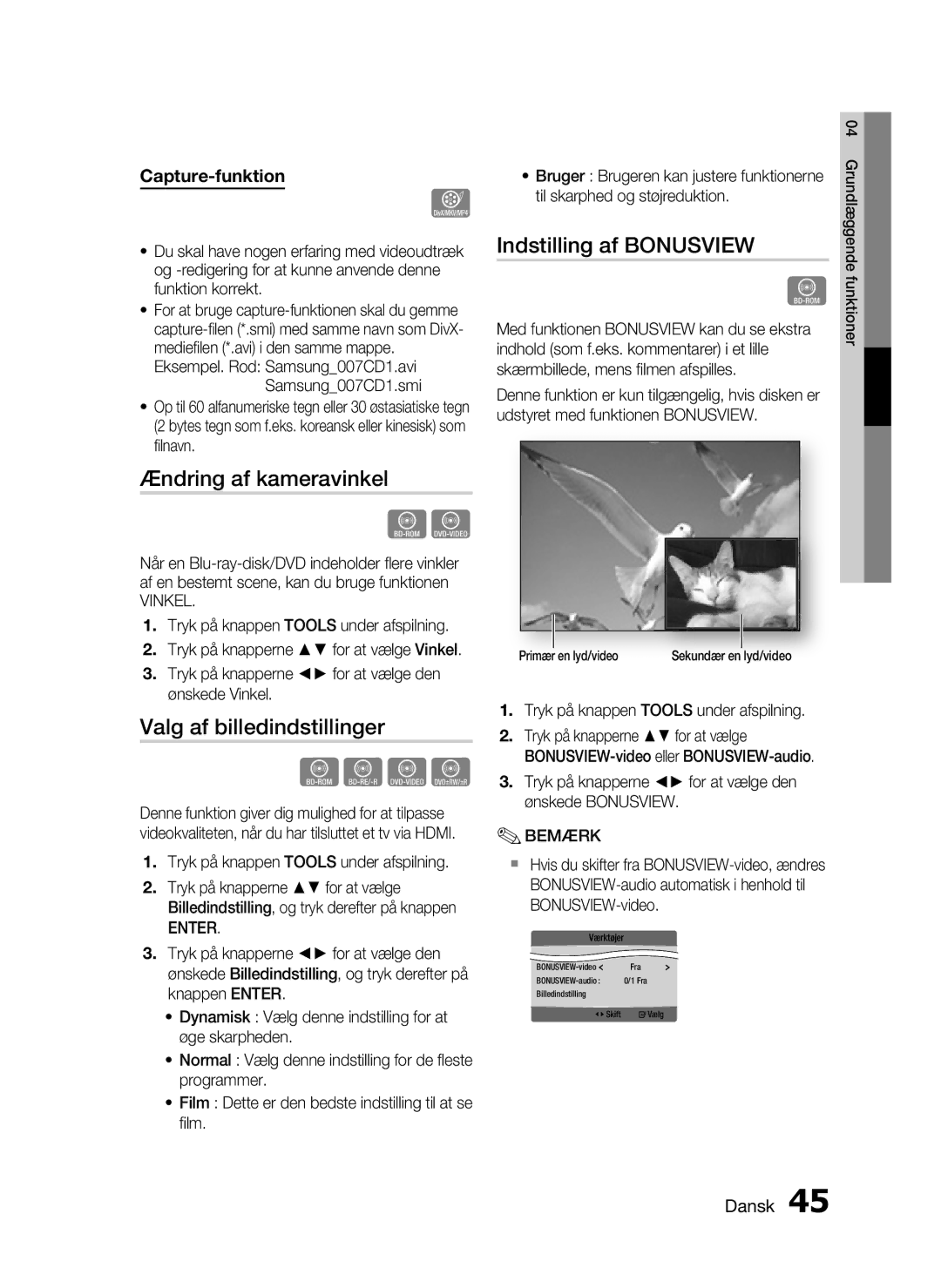 Samsung HT-C5200/XEE manual Ændring af kameravinkel, Valg af billedindstillinger, Indstilling af Bonusview, Vinkel 